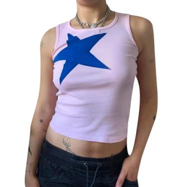 Imagem de Camiseta vintage Y2k com estampa de estrelas, sem mangas, canelada, sem mangas, gola redonda, estampa de estrelas, colete emagrecedor, Roxo claro, M