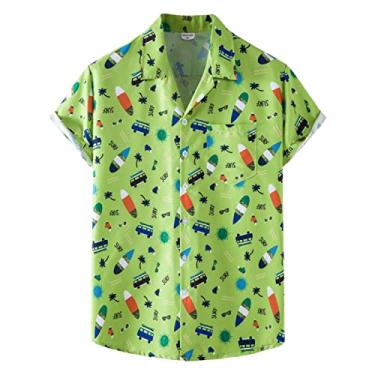 Imagem de Camisa masculina de verão casual para praia, solta, macia, manga curta, bolso com botões, memória, Verde, M