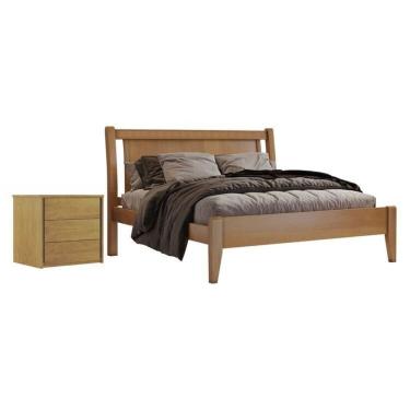Imagem de Conjunto Quarto de Casal Cama de Casal 140cm e Mesa de Cabeceira 3 Gavetas Unique Amêndoa Mel