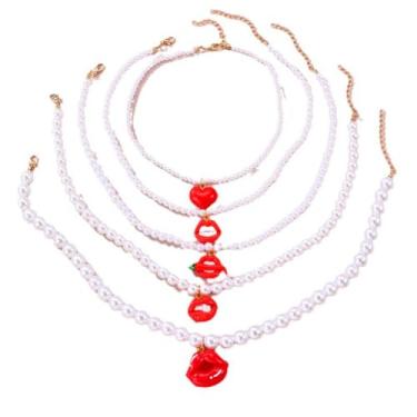 Imagem de Colar de lábios, 5 peças, para mulheres, adolescentes, em camadas, falso, pérola, coração, coração, pimenta, lábios, beijo, pingente, joia para presente, Zinco, Sem Pedra Preciosa