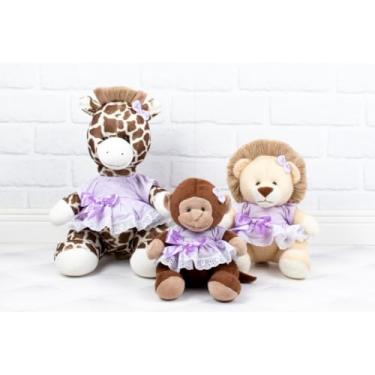 Imagem de Conjunto de bichos de pelucia Safari Girafa 22cm/Leão 18cm/Macaco 15cm- vestido com lese (LILAS)