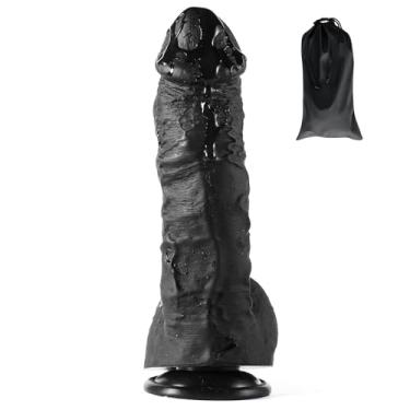 Imagem de Grande vibrador de silicone líquido, 2” de diâmetro, vibradores enormes e grossos e ventosa forte, veias realistas e bolas em formato completo e bolsa de armazenamento, arnês de cinta compatível, pênis de galo gordo, brinquedo sexual adulto, ponto G (preto)