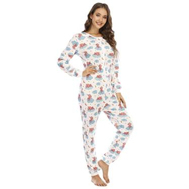 Imagem de QIYUANT Macacão feminino macio para adultos, peça única, com botões, roupa de dormir, roupa de dormir, Urso, G