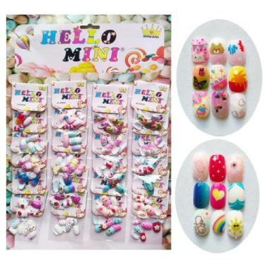 Imagem de 24 Kits Unha Postiça Infantil Desenhos Hello Mini 12 Pçs