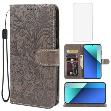 Imagem de Gufuwo Capa para Redmi Note 13 4G, capa carteira 23129RAA4G com protetor de tela de vidro temperado, flor de renda, couro PU, flip com suporte para cartão de crédito, capa para celular para Xiaomi