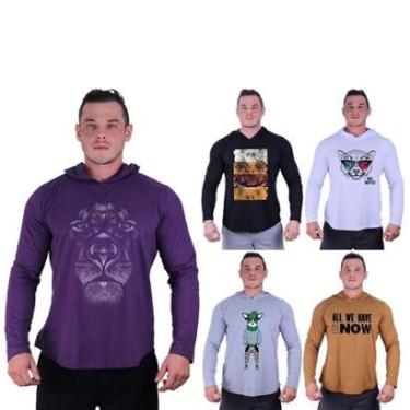 Imagem de Kit 5 Camisetas Manga Longa com Touca Longline Estampada Treino Academia Lazer Casual-Masculino