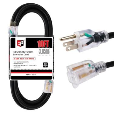 Imagem de EP Cabo de extensão de 3 metros iluminado para ambientes externos – Cabo de extensão preto resistente SJTW 10/3 com plugue aterrado de 3 pinos para segurança, listado pela UL