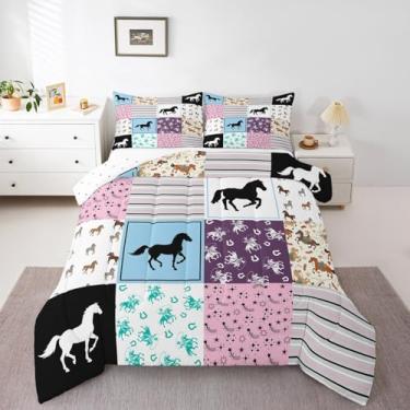 Imagem de Feelyou Jogo de cama casal com cavalo ocidental, listras de zebra, rosa, estampa de ferradura, decoração de edredom e decoração de quarto