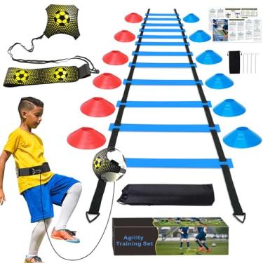 Imagem de YGORTECH Conjunto de equipamentos de treinamento de agilidade de futebol, acessórios de futebol escada de agilidade de 6 metros, 12 cones esportivos, treinador de futebol solo, exercícios de pés para
