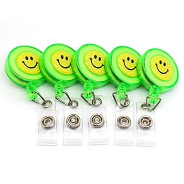 Imagem de Porta-crachá retrátil crachá crachá crachá metal carretel no porta-cartões, sorrindo rosto cores sortidas, cordão de puxador de 71 cm de espessura, Verde