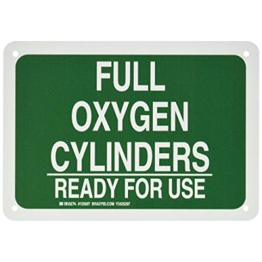 Imagem de Brady 125697 Placa química e de perigo, legenda "Cilindros de oxigênio completos prontos para uso", 17,8 cm de altura, 25,4 cm de largura, branco sobre verde