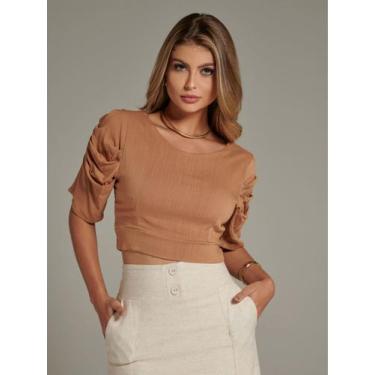 Imagem de Cropped Charmoso Em Viscolinho Manga Princesa - Lumia, Caqui, GG