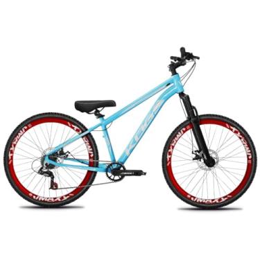 Imagem de Bike Aro 26 KOG Para Grau em Alumínio com Relação 1x7 Marchas Estilo Freeride Rebaixada com Aros Vmaxx Coloridos Pedivela 34D e Suspensão de 80mm de Curso,Azul Piscina Branco Vermelho