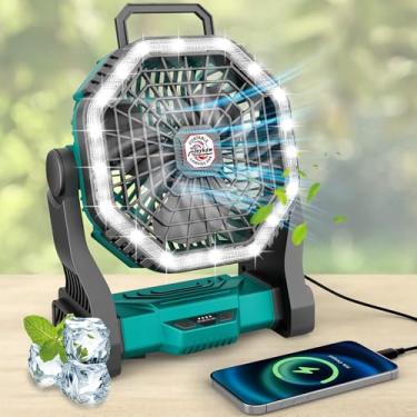 Imagem de Roykaw Ventilador portátil para viagens, ventilador de acampamento recarregável de 10400 mAh, ventilador alimentado por bateria sem fio com luz LED, com alça, gancho, pesca, verde