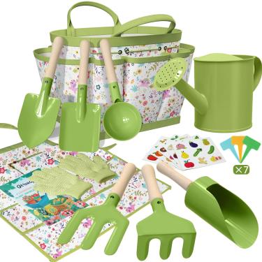 Imagem de Qtioucp Conjunto De Jardinagem Infantil Com 14 Ferramentas, Bolsa, Regador, Pá, Avental, Livro E Muito Mais, Educativo, Para Crianças Ao Ar Livre, Meninos Meninas (Verde-1)