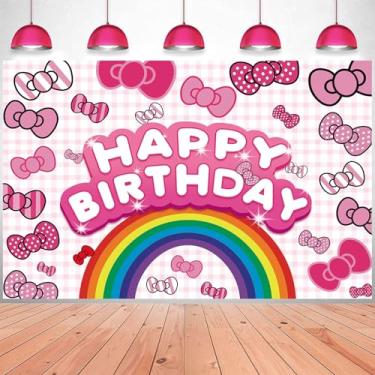 Imagem de Decoração de pano de fundo de aniversário com laço rosa, desenho animado, tema de feliz aniversário, suprimentos de festa para meninos, meninas, crianças, chá de bebê, quarto, desenho animado