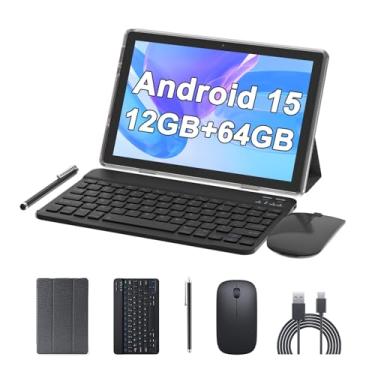 Imagem de Tablet de 10 polegadas Android 15 (não vai), tablets 2 em 1 com teclado 12 GB de RAM + 64 GB de ROM (suporta expansão de 1 TB) Tableta 2 MP + câmera de 8 MP 6000 mAh, mouse/capa/Stylus 5G Wifi-6