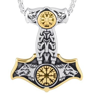 Imagem de LuxGoth Colar de aço inoxidável com pingente de lobo corvo viking Thor martelo Mjolnir gótico punk rock emo motociclista cosplay vintage joia para homens mulheres ouro GTS-N1D60011