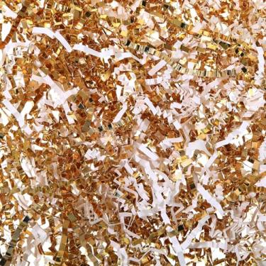 Imagem de Fulmoon 1 saco de papel desfiado de 1,35 kg para caixa de presente com glitter cortado enrugado, enchimento de papel brilhante para embrulho de cesta, aniversário, casamento, Natal (dourado, branco)