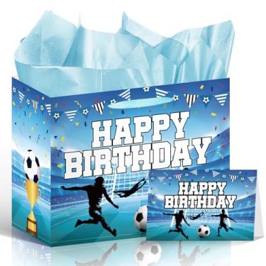 Imagem de Wxiben Bolsa de presente de aniversário de futebol - Decorações de festa de feliz aniversário para homens e meninos, bolsa de embrulho azul para lembrancinhas de festa com alça para cartão de