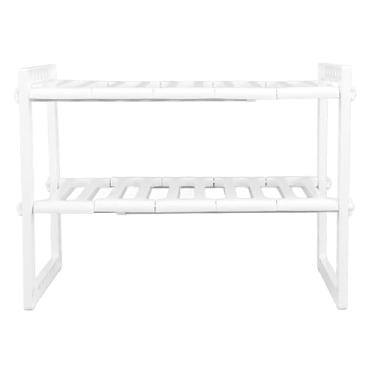 Imagem de Sob Organizador da pia 2 comprimento ajustável Comprimento de grande capacidade Rack de armazenamento de aço inoxidável para banheiro de cozinha sob prateleiras de plástico de (Branco)