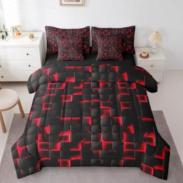 Imagem de Erosebridal Conjunto de edredom Queen para meninos, vermelho e preto, 7 peças, geométrico, quadriculado, decoração de quarto de jogos, lençol com estampa geométrica quadriculada geométrica