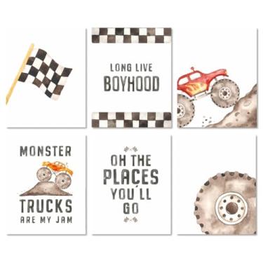 Imagem de MINI ZOZI Arte de parede para decoração de quarto de carro de corrida Monster Truck Jam 20,5 x 25,5 cm, 6 peças, pôsteres de berçário para sala de jogos, fotos temáticas, crianças, meninos, carros