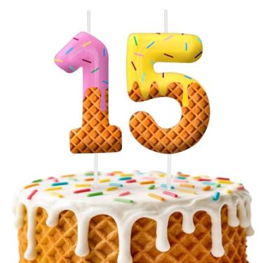Imagem de Velas de aniversário de sorvete, decoração de topo de bolo de 6 cm, número 15 velas, decorações de aniversário, decorações de bolo de festa de aniversário, suprimentos de festa