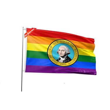 Imagem de PLAIEI Bandeira do orgulho do estado de Washington, bandeira arco-íris, 0,9 x 1,5 m, dupla face, 3 camadas, bandeira do orgulho do estado WA LGBTQ+, faixa gay, cor vívida, poliéster, com 2 ilhós de