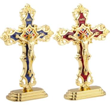 Imagem de OULIGET Estátua de metal cruzado, crucifixo em pé, presentes religiosos, Jesus Cristo, estatuetas católicas cristãs para colar no tampo da mesa, carro ou alter, 2 peças de 7,6 cm