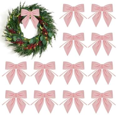 Imagem de 12 laços de fita de veludo – Arco de árvore de Natal de 10 x 10 cm para árvore de Natal, guirlanda, lareira, escada, janela, armário, embrulho de presente para decoração de casa de casamento (rosa)