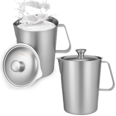 Imagem de Jarra de aço inoxidável com tampa, 1,984 g, copos graduados de boca grande, jarro de metal com marcação e alça para espumar leite para máquinas de espresso, arte latte, chá gelado, água quente/fria