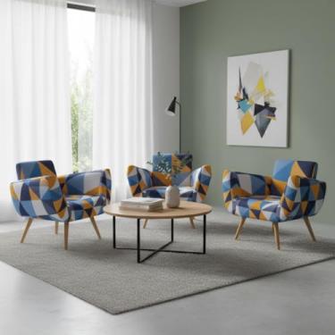 Imagem de Kit de 3 Capas Para Cadeira Poltrona Opala Estampada Em Malha Gel Premium Lisa Avulsa Ajustável (Azul Geometrico)