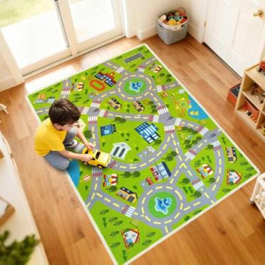 Imagem de Xuzrdaa Tapete infantil para carro, tapete de estrada - brinque, aprenda e divirta-se com segurança - extra grande grosso (0,6 cm) tapete infantil para sala de jogos, quarto de criança, tapete