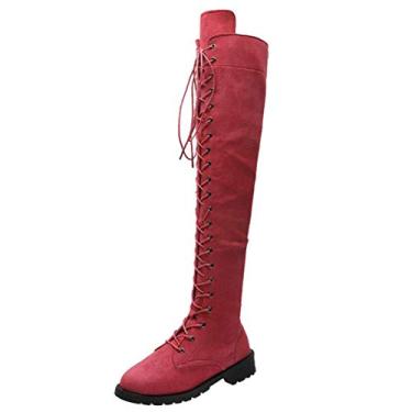 Imagem de Bigfanshu Botas femininas de inverno acima do joelho femininas sexy com cadarço frontal botas de outono salto quadrado plus size sapatos atléticos até o joelho para clima frio e botas de shearling, Rosa vermelha, 3.5