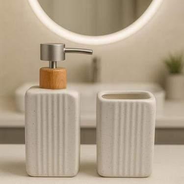 Imagem de Kit Banheiro Cerâmica 2 Peças - Porta Sabonete Líquido e Porta Escova para Decoração Lavabo(ÔNIX BRANCO)