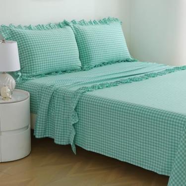 Imagem de K MASANIJI Jogo de lençol solteiro com babados xadrez azul e branco Spa, 4 peças, 300 fios, 100% fios tingidos, lençóis de algodão 45,7 cm com bolso profundo para crianças (azul spa/xadrez branco