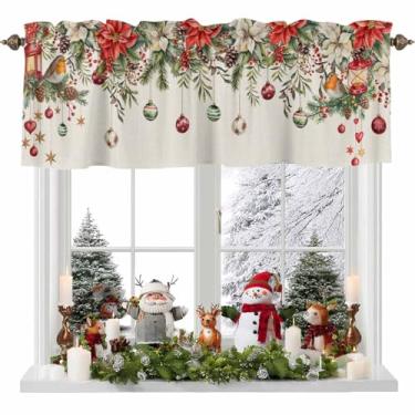 Imagem de Cortina de Natal para cozinha, bola de Natal, pássaro, bagas, flor, linho, varão, bolso, cortinas, tratamentos de janela para cozinha, banheiro, quarto, 137 x 45 cm