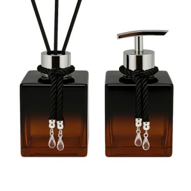 Imagem de Kit Difusor e Saboneteira de Vidro 250ml com Varetas e Cordões Decorativos – Aromatizador Luxo Transparente para Banheiro, Lavabo e Presente Elegante (Marrom Degrade C/Prata)