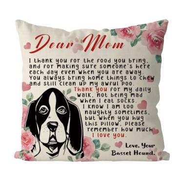 Imagem de Tian Zhun Basset Hound Mom Gifts Fronhas de travesseiro 45,7 x 45,7 cm Best Basset Hound Mom Basset Hound Lover Gifts Farmhouse Fronha de almofada de sofá interno para decoração de sofá de casa