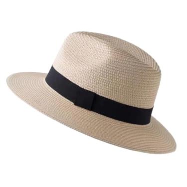 Imagem de Chapéu de palha Panamá de verão masculino e feminino, aba larga, proteção UV, chapéu Fedora Bege Preto 56-58 cm