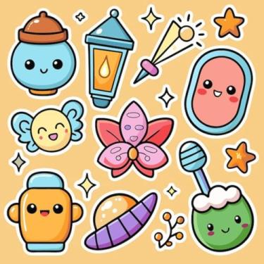 Imagem de Adesivos Kawai Decorativos para Quarto e Cadernos Unicórnios Nuvens e Flores Coloridas 30x30cm