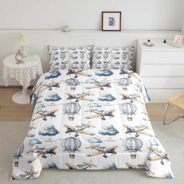 Imagem de Manfei Conjunto de edredom infantil com balões de ar quente, tamanho infantil, avião, avião, avião, decoração de quarto de meninos e meninas, desenho animado estrelas, nuvens, edredom azul, 1 fronha