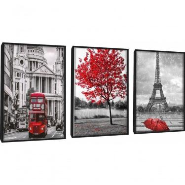 Imagem de Quadro Londres árvore Da Vida Vermelha Paris Torre Eiffel Com Moldura Preto