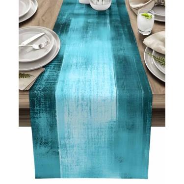 Imagem de Caminho de mesa - linho de algodão, 91 cm de comprimento, turquesa ombré, pintura, cômoda, cachecóis para cozinha/café/jantar, decoração de casa, cachecol de jantar de férias