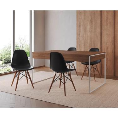 Imagem de Mesa Jantar Industrial Retangular Amêndoa 137X90Cm Base Ferro Branco C/4 Cadeiras Preta Amendoa