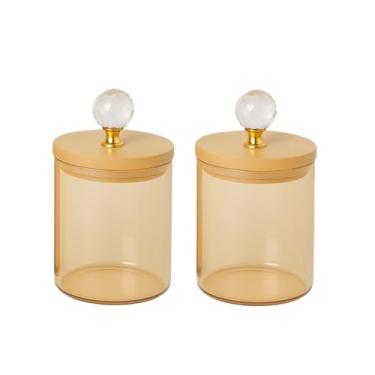 Imagem de Jogo de 2 Potes liso âmbar cristal de Vidro com Tampa de Bambu 550ml organizador para cozinha
