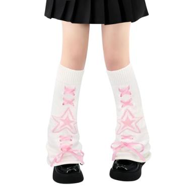 Imagem de Polainas para mulheres, meninas, estilo japonês, lolita, meias longas de malha kawaii, meias góticas Harajuku, cobertura de perna, Estrela rosa branca rodada com fita, Tamanho Único