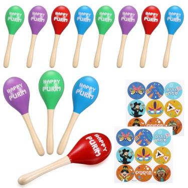 Imagem de Lenwen 12 peças Happy Purim Wood Gragger Maracas Shakers com adesivos, barulhos coloridos para diversão de festas judaicas, lembrancinhas de festa de fim de ano, enchimentos de sacos de brindes