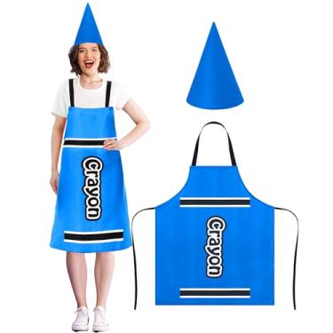 Imagem de Mepase Avental de fantasia de giz de cera e cone de gnomo engraçado para a escola, fantasia de Halloween, roupa colorida de giz de cera para professores (azul celeste)